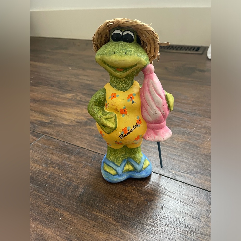 Barbados Frog Figurine with Pink Umbrella